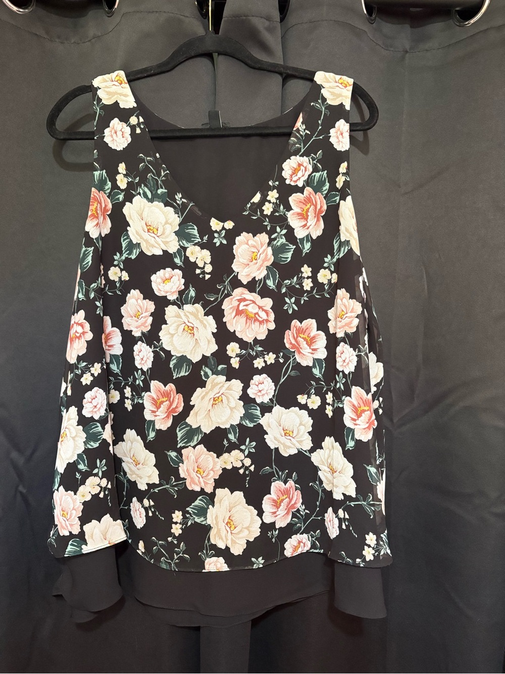 torrid Black Floral V-Neck Tank with Pink & Cream Blooms